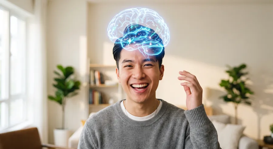 Pria muda tertawa dengan visual otak digital biru di atas kepalanya