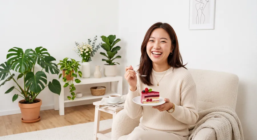 Perempuan tersenyum menikmati potongan kue stroberi di ruang tamu