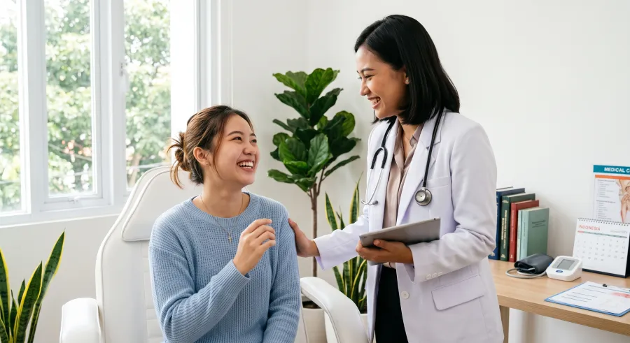 Dokter perempuan berbincang dengan pasien tersenyum di ruang konsultasi