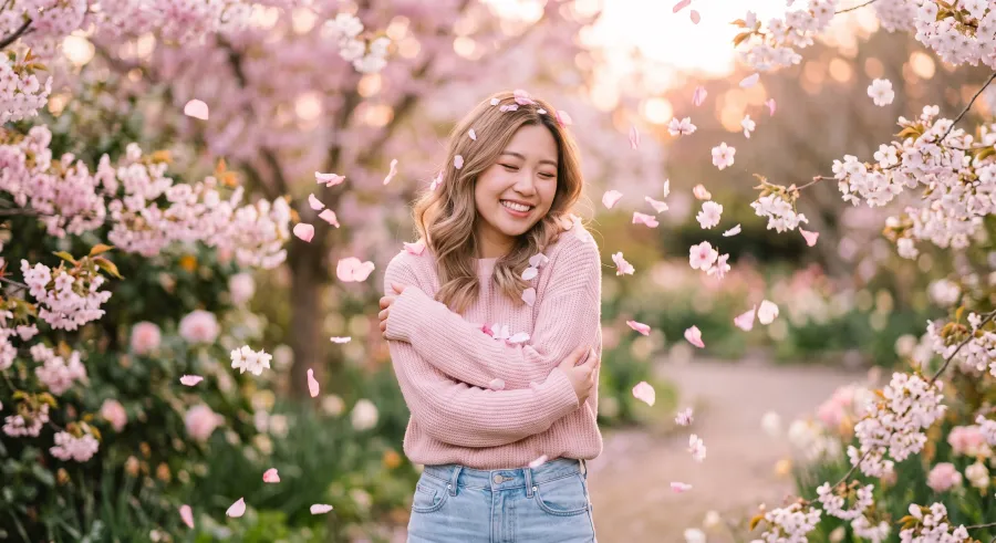 Perempuan muda tersenyum di taman sakura dengan kelopak bunga berjatuhan